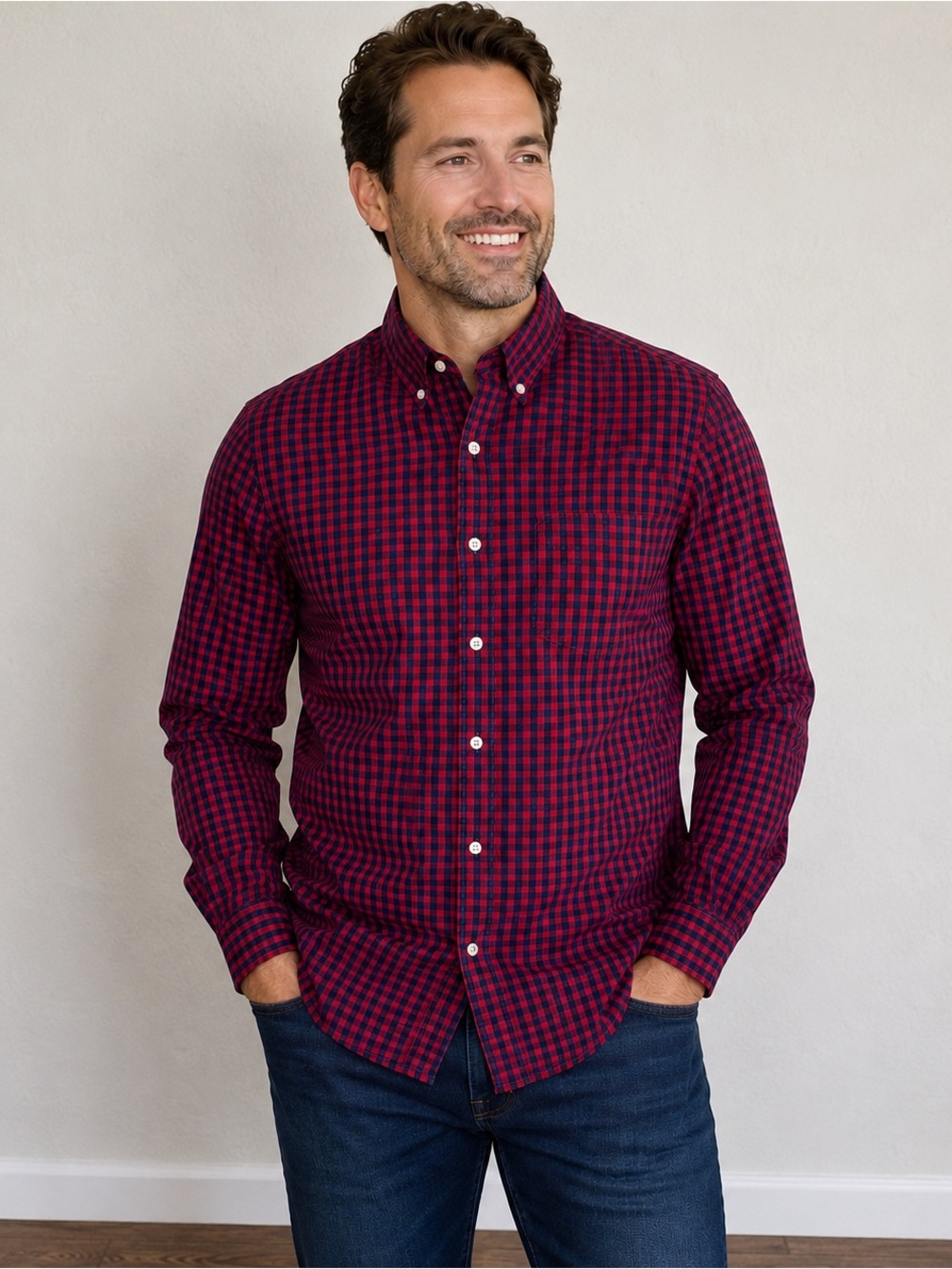 GAP Men's XL Button-Down Check Shirt - Burgundy & Navy Long Sleeve Poplin NWT